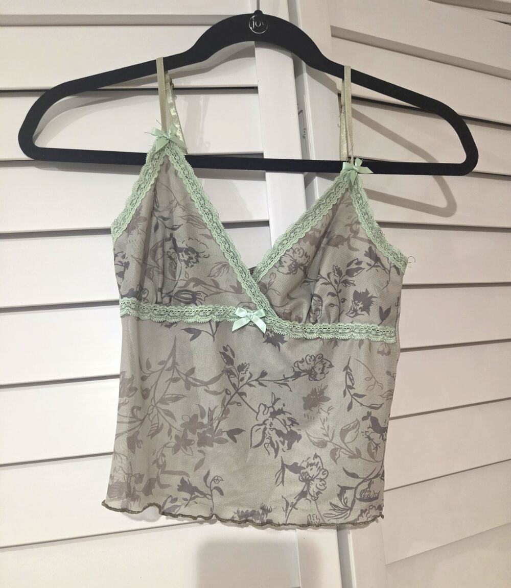 Women’s Gray/Green Floral Mesh Camisole Lace & Bow Trim Sheer Stretch Size S